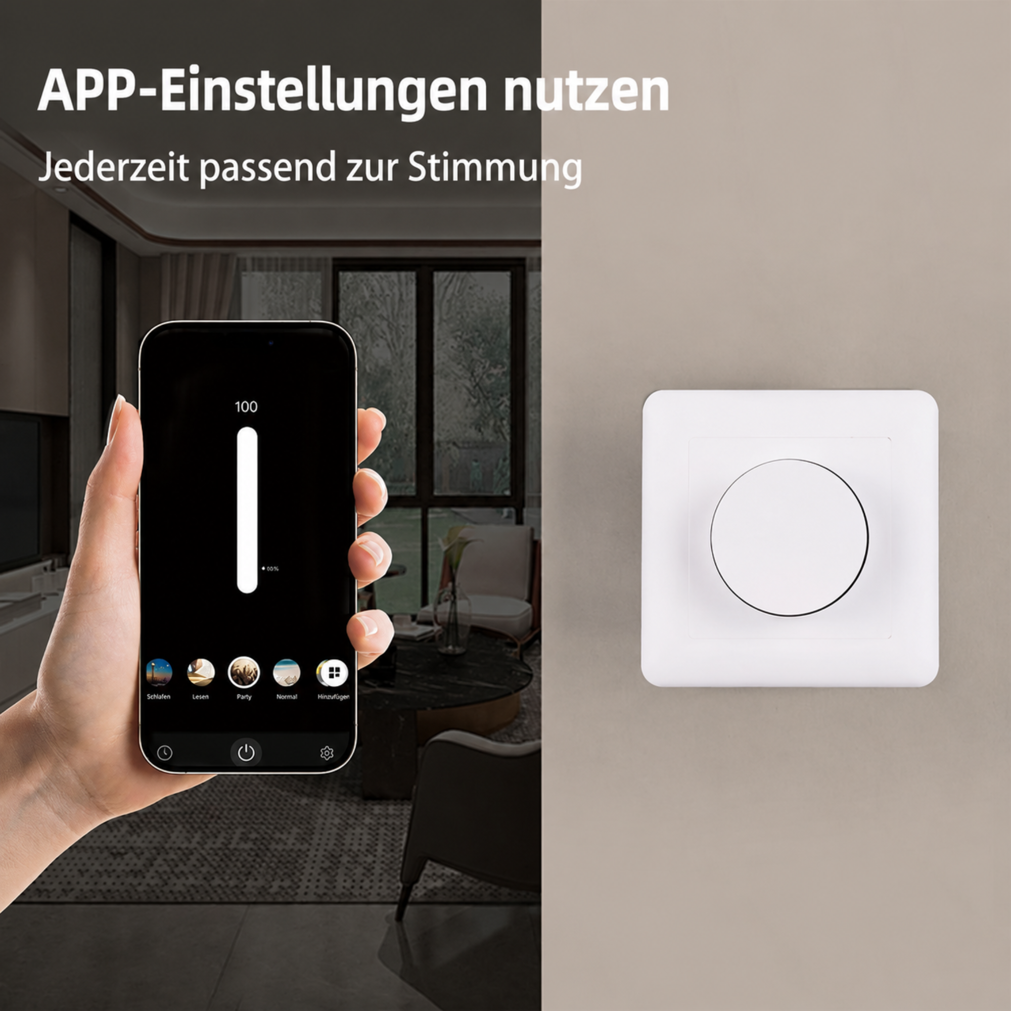Weißer runder Drehdimmer, Smartphone mit Text App-Einstellungen nutzen