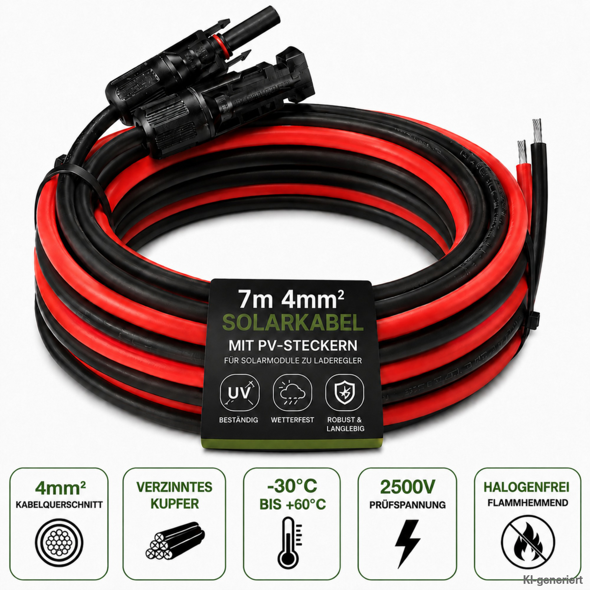 7m 4mm Kabel schwarz und rot mit Solarstecker und offener Litze mit Informationslabel