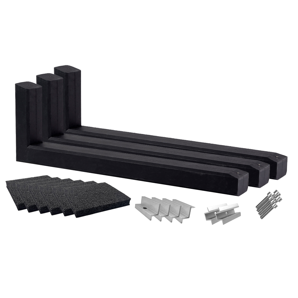 Wattstone PV Montage sur toit plat pour 2 panneaux solaires 15° Socle en béton noir Tapis de protection des constructions Montageset für 2 Solarmodule mit drei 15° Wattstone Betonsockeln, Schutzmatten, Klemmen und Schrauben