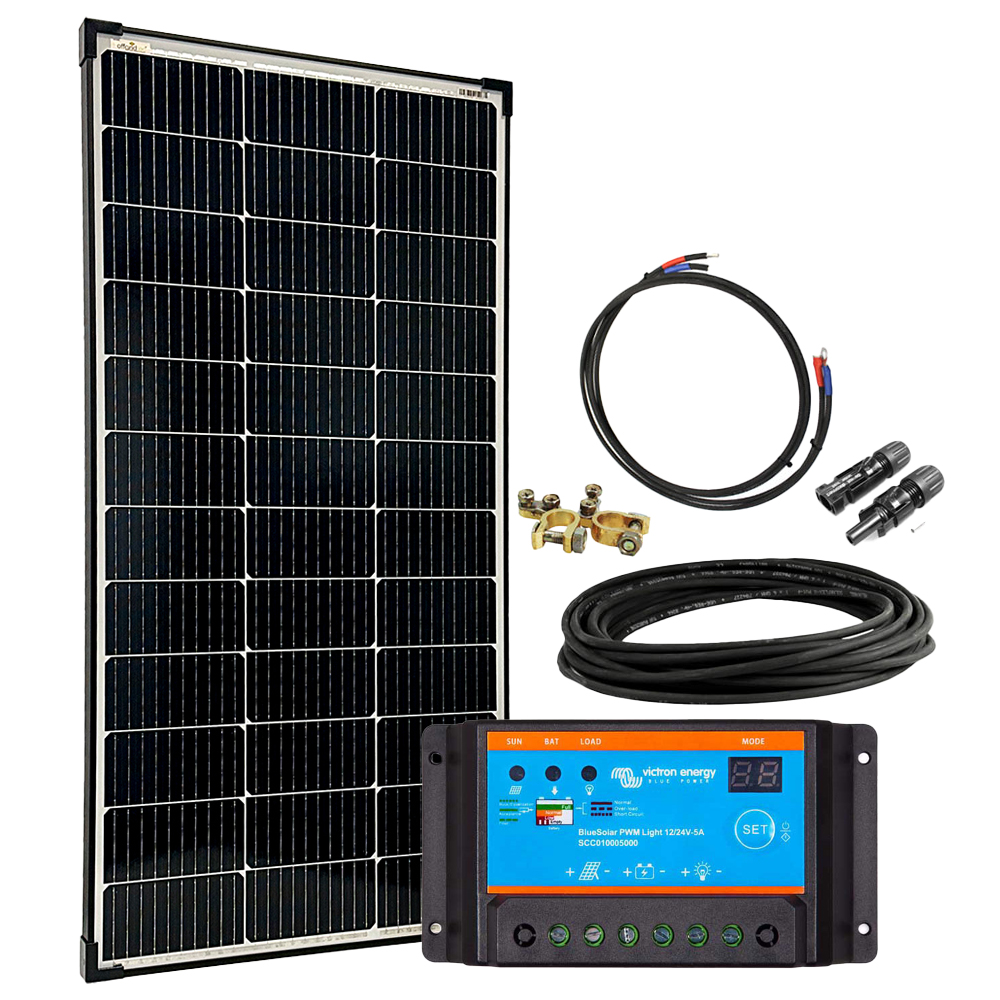 Solaranlage mit allen Komponenten, Solarmodul, Solarladeregler und Verkabelung