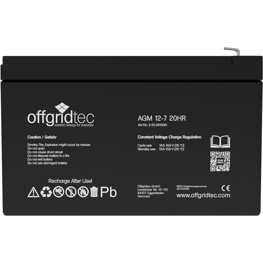 Batterie in schwarz, Ansicht von vorn, sichtbare Aufschrift und Ansteckpole