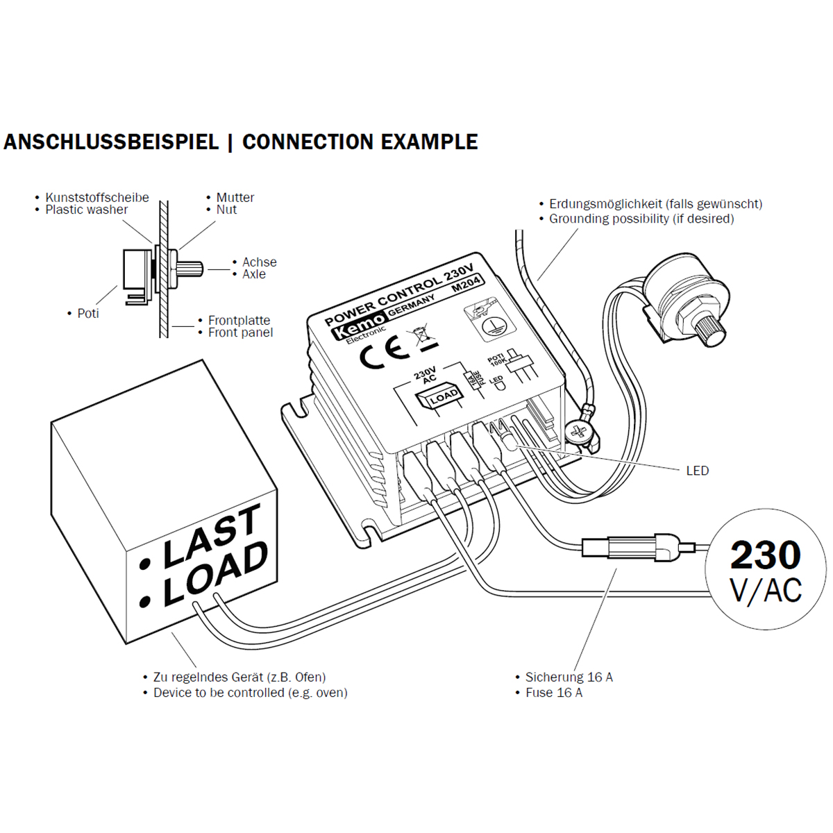 Technische Zeichnung eines Anschlussbeispiels des Kemo M204 Leistungsreglers