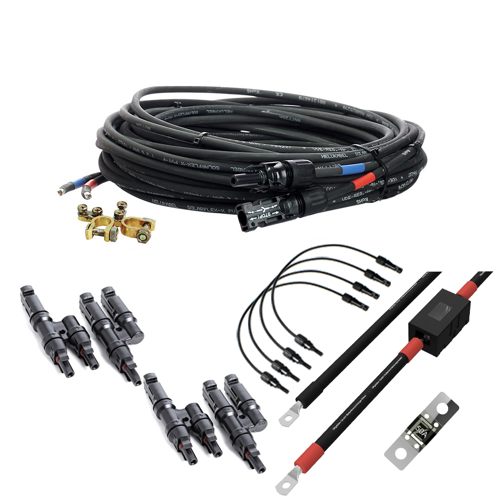 Verbindungskabel mit MC4-Anschluss, Batteriekabel, Sicherung, Batteriepolklemmen und Abzweigbuchsen