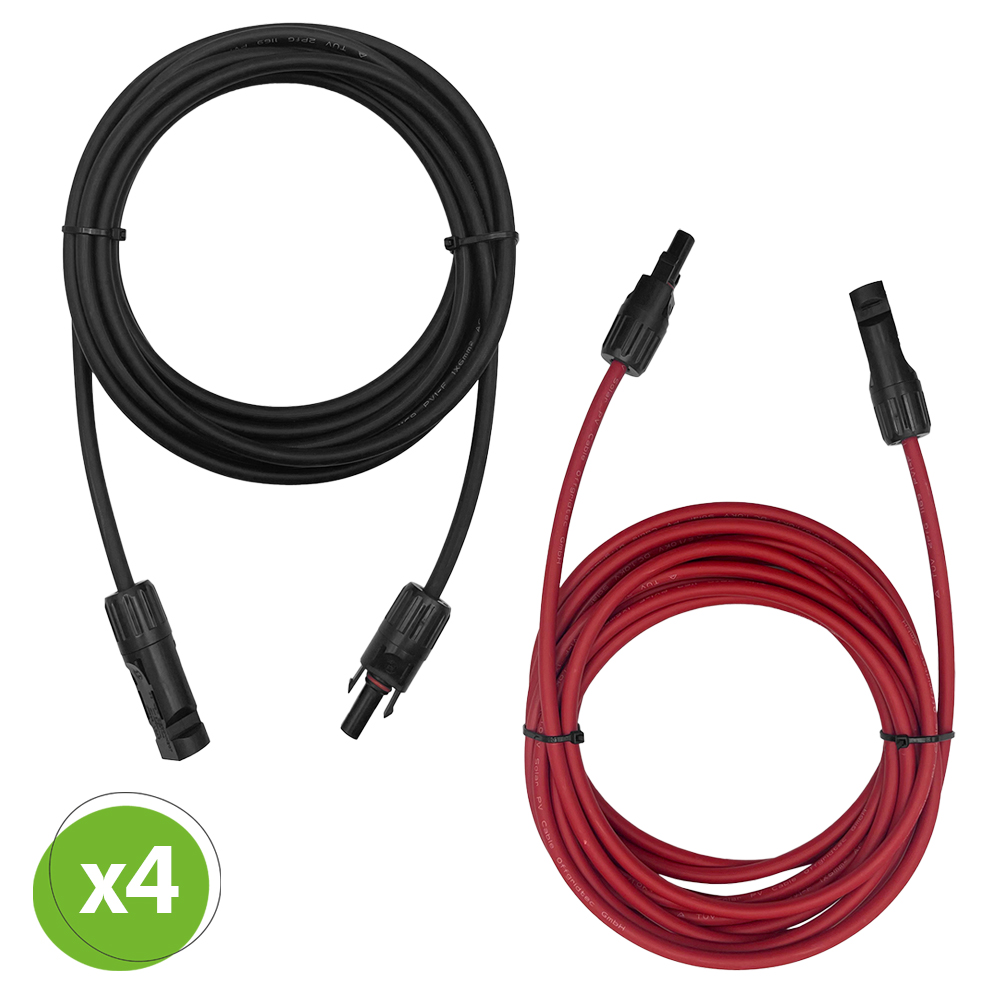 Draufsicht: Aufgewickeltes schwarzes und rotes MC4-Kabel, unten links ist ein grüner Kreis mit x4