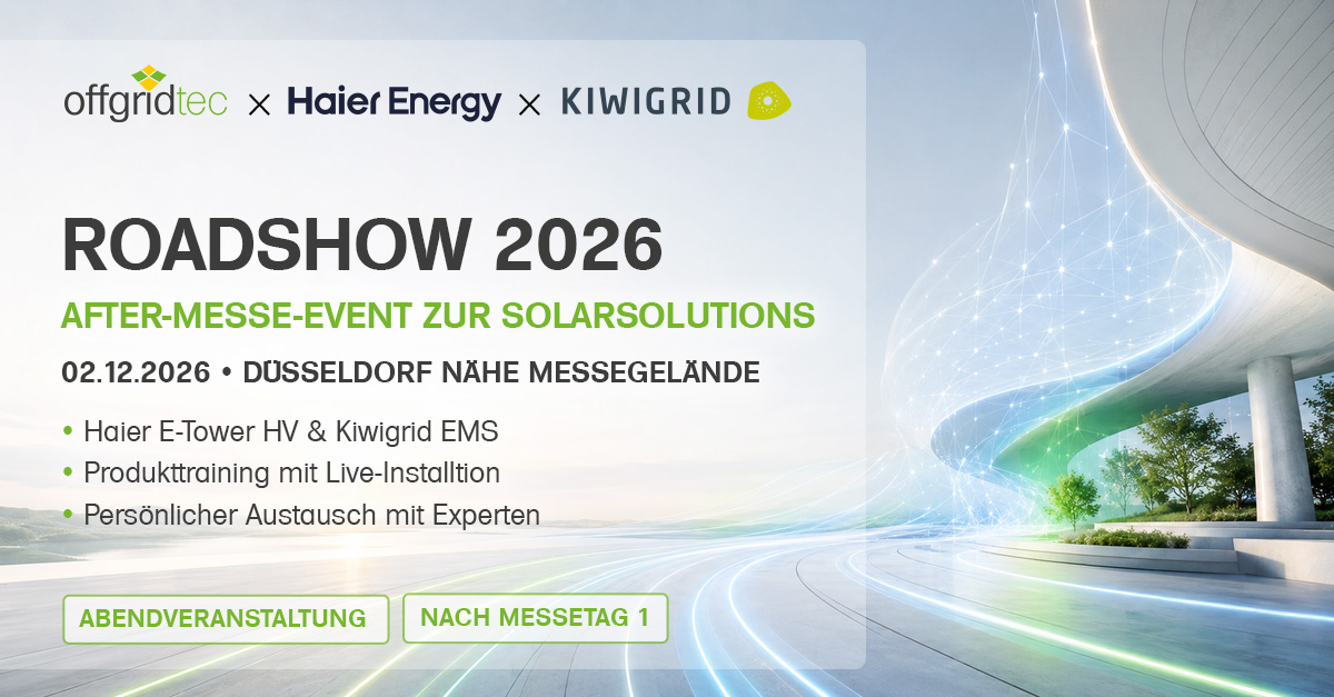 Texttafel mit Ankündigung der Roadshow 2026 in Düsseldorf mit Details zu Datum, Ort und Programm, darunter Logos von offgridtec, Haier Energy und KIWIGRID
