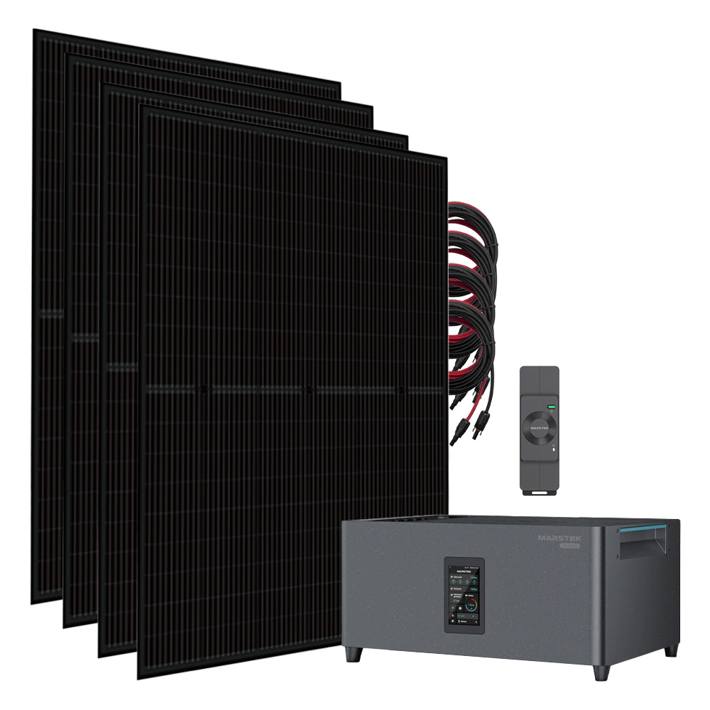 Komplettset mit vier schwarzen Solarpanels, vier Kabeln, einem Smart Meter und einem Marstek Jupiter-C Plus Speicher