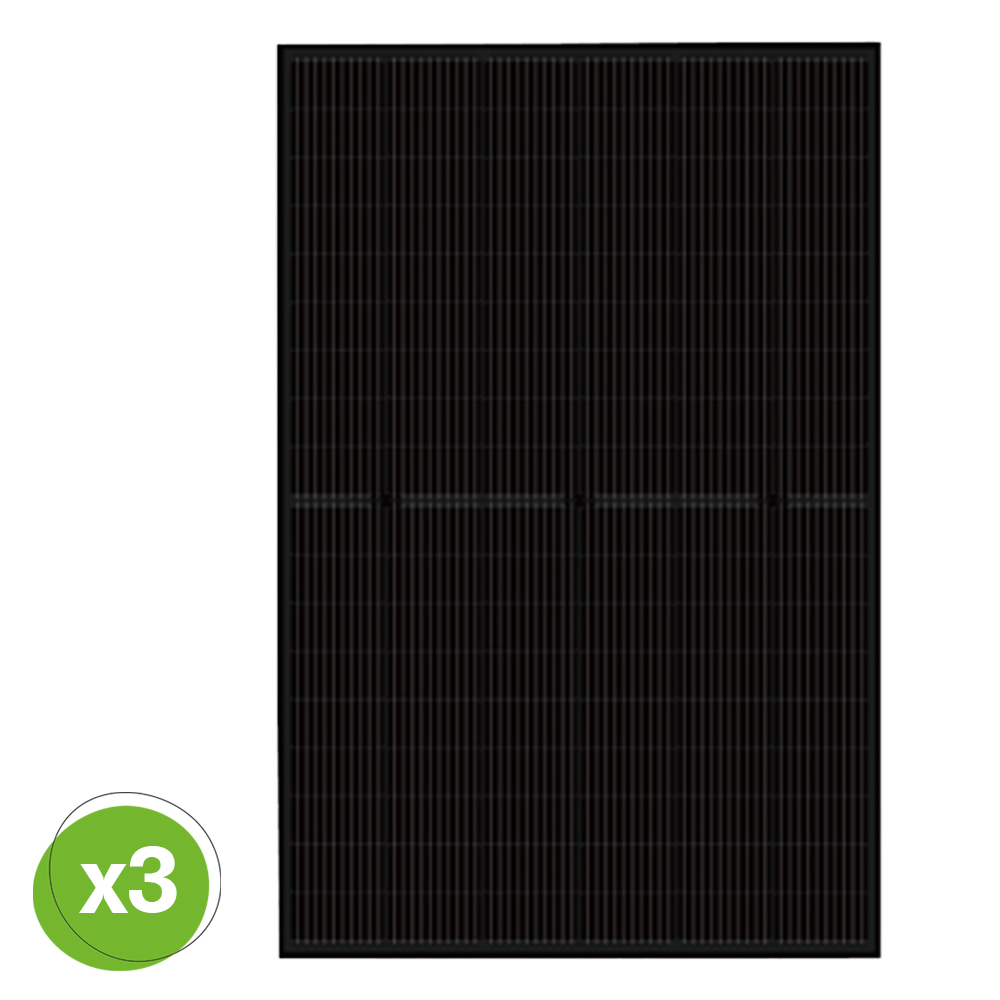 Frontansicht: Luxen 450W Full-Black Solarmodul, unten links ist ein grüner Kreis mit x3