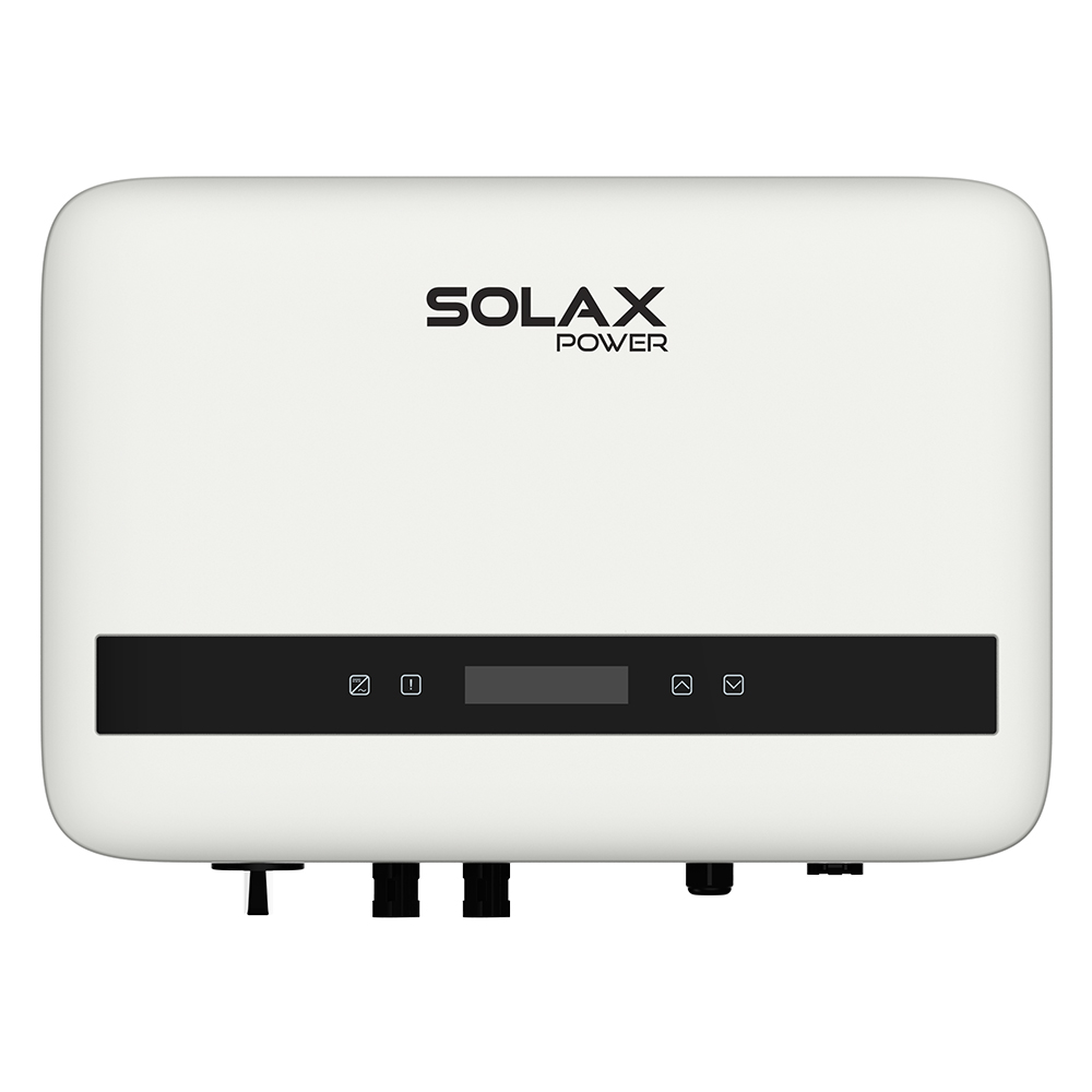 Frontansicht: weiß/schwarzer Solax X1-BOOST-6K-G4 PV-Wechselrichter mit Display