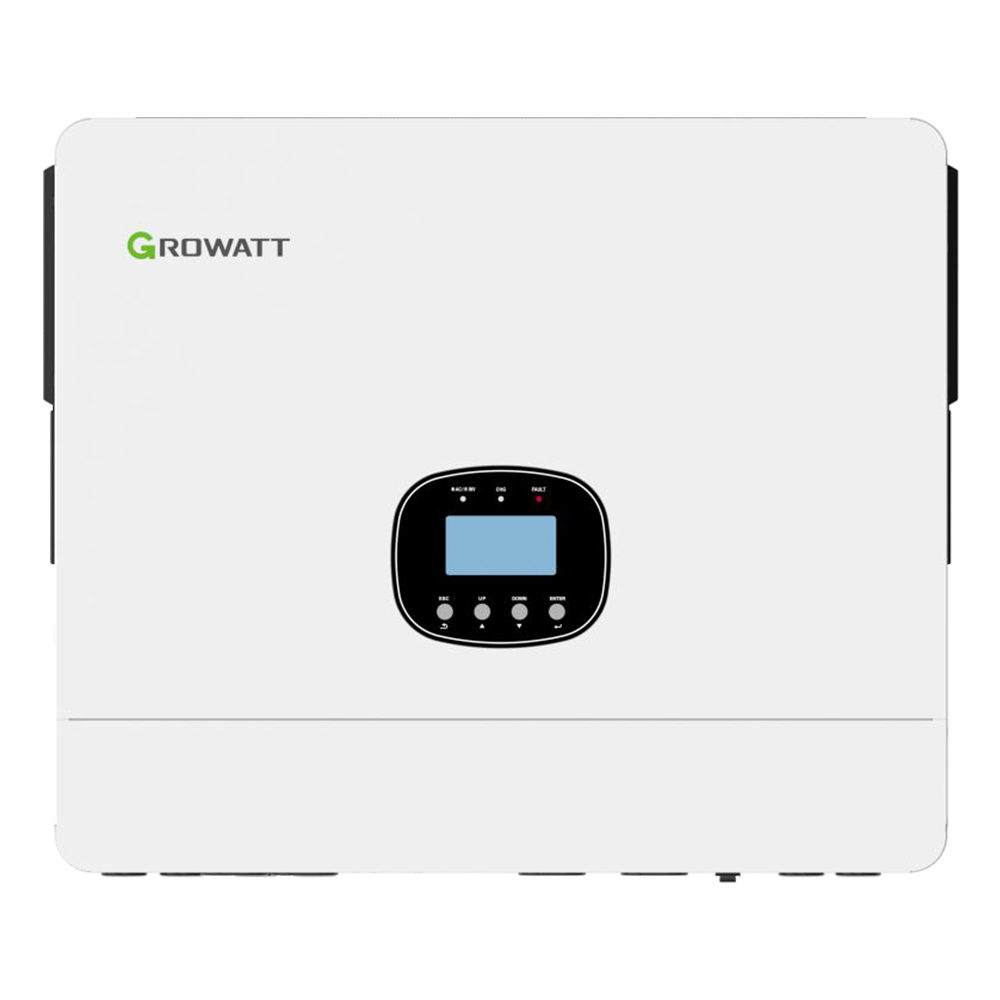 Frontansicht des weißen Growatt SPE 1200 ES Hybrid-Wechselrichters mit Display und Tasten