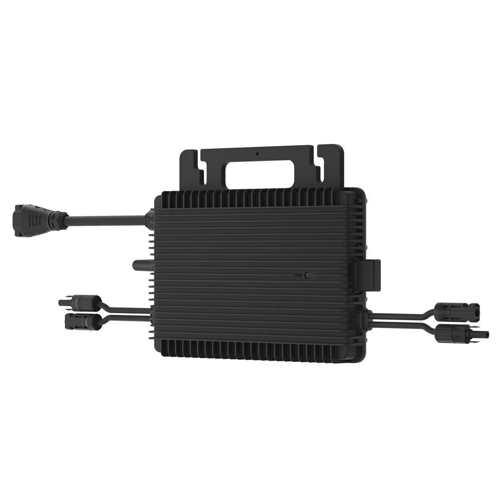 Rückansicht von rechts: Hoymiles HMS-800-2WB HiFlow Pro Inverter mit Anschlüssen und Montagelöchern in schwarz