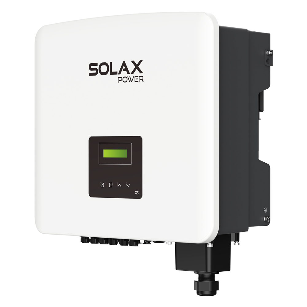 Schrägansicht von rechts: Solax X3-Pro-12K-G2 Inverter, weiß-schwarz mit Logo, Bedienfeld, Display und Anschlüssen
