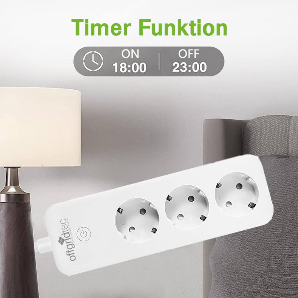Infografik: Timer Funktion der Offgridtec 3-fach Steckdosenleiste, Lampe im Hintergrund