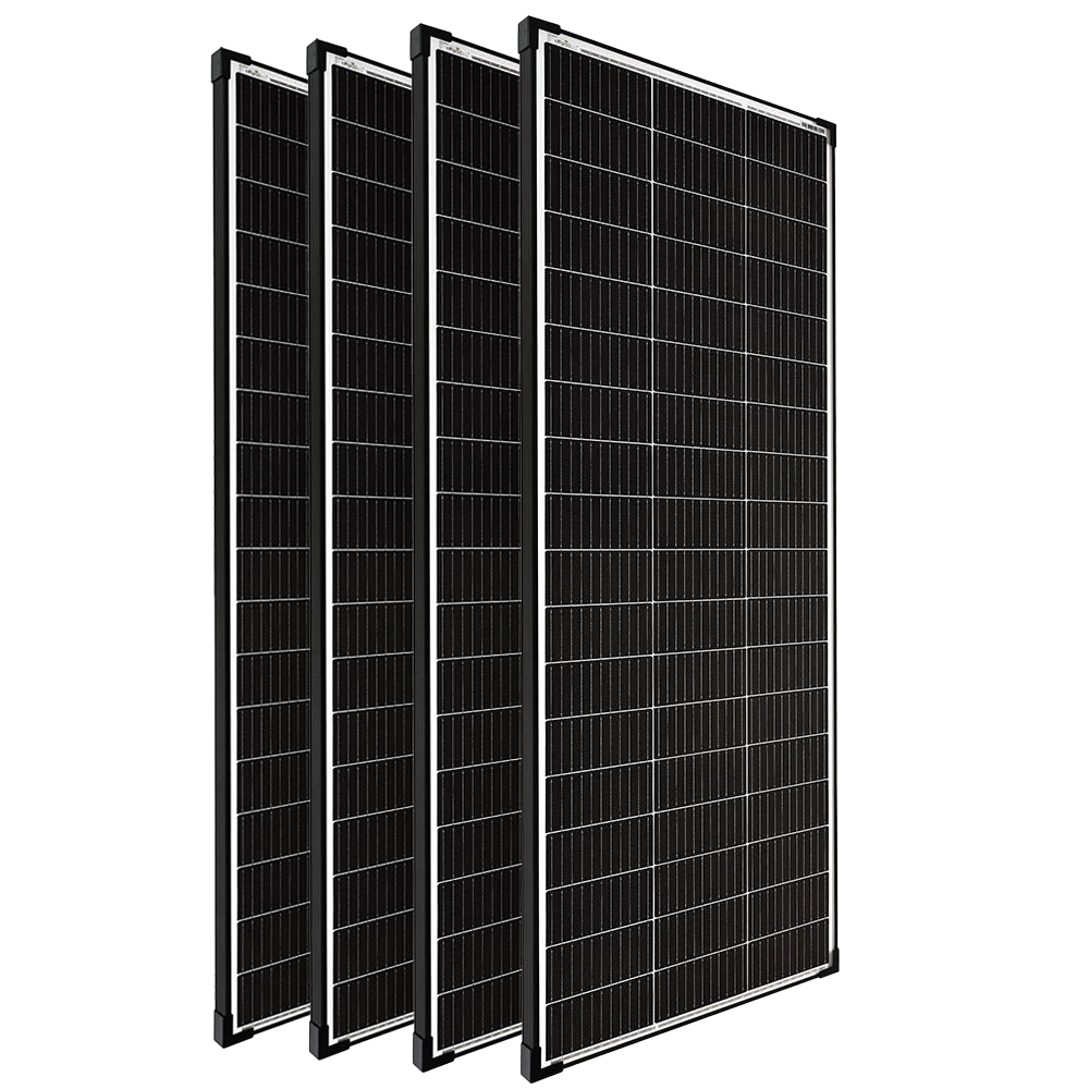 Stapelansicht: 4 monokristalline 200W Solarmodule mit schwarzem Rahmen