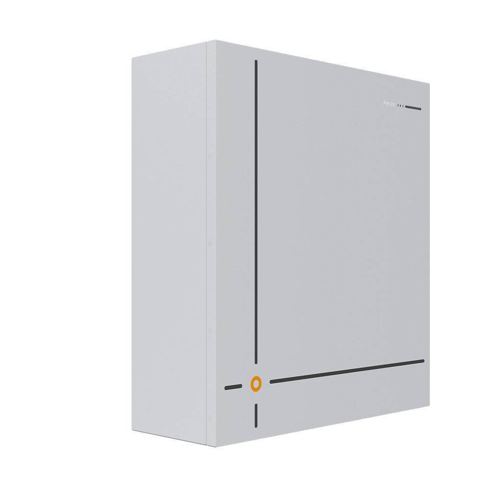Seitenansicht eines rechteckigen Pytes V16 LiFePO4 Batteriespeichers mit minimalistischen schwarzen Linien und einem kleinen orangefarbenen Kreis auf der Vorderseite
