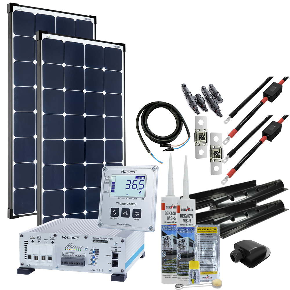 Offgridtec mTriple S camper solar system with 2 x 120W solar module 30/20/250 Votronic Triple Charger and 1247 Charge Control Display