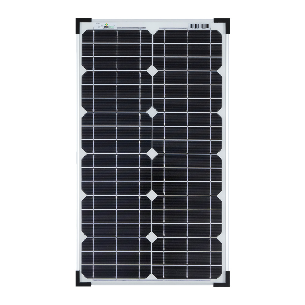 Solarmodul mit schwarzen Zellen und silbernen Rahmen in Frontansicht
