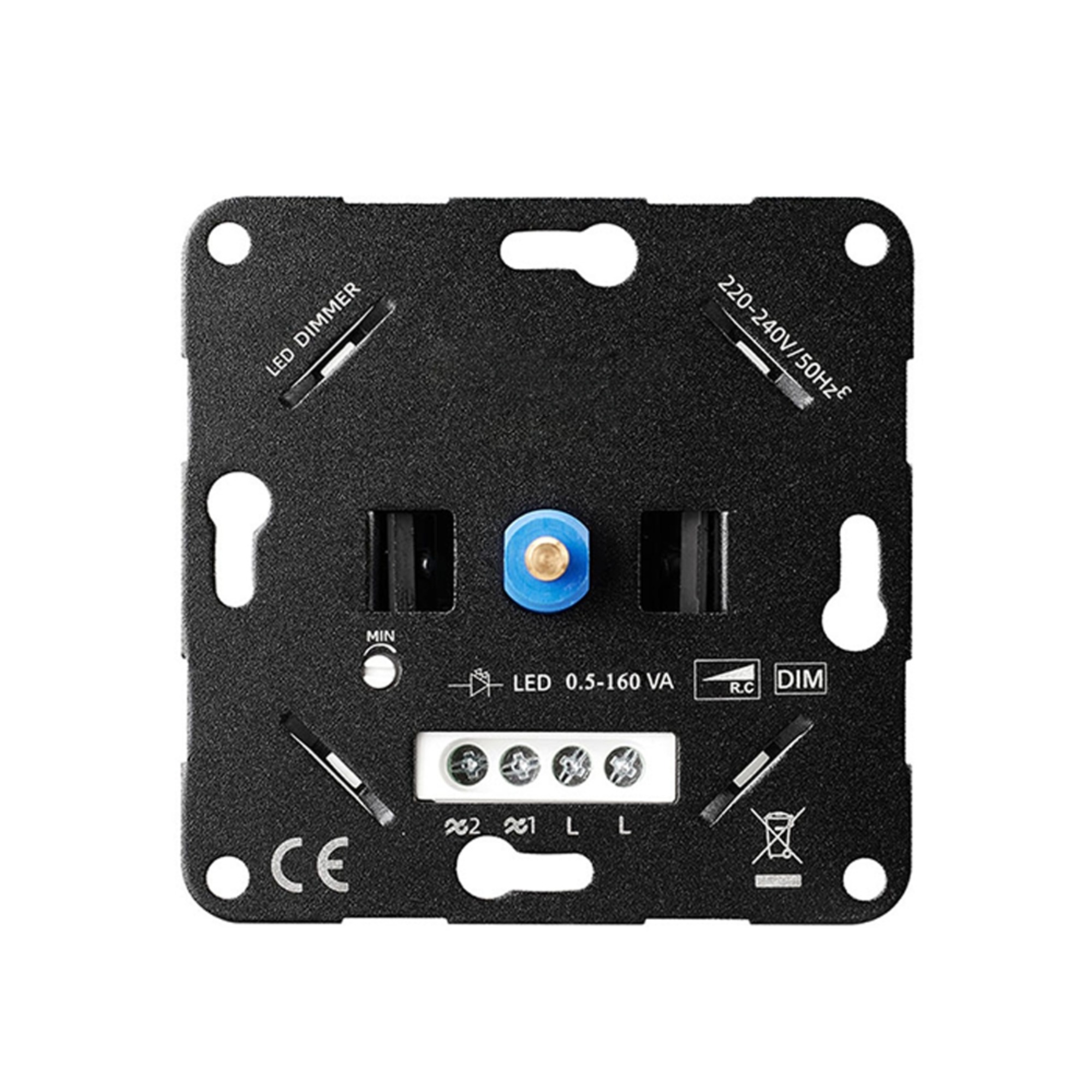 Innenseite Drehdimmer mit Anschlüssen und Montagebohrungen