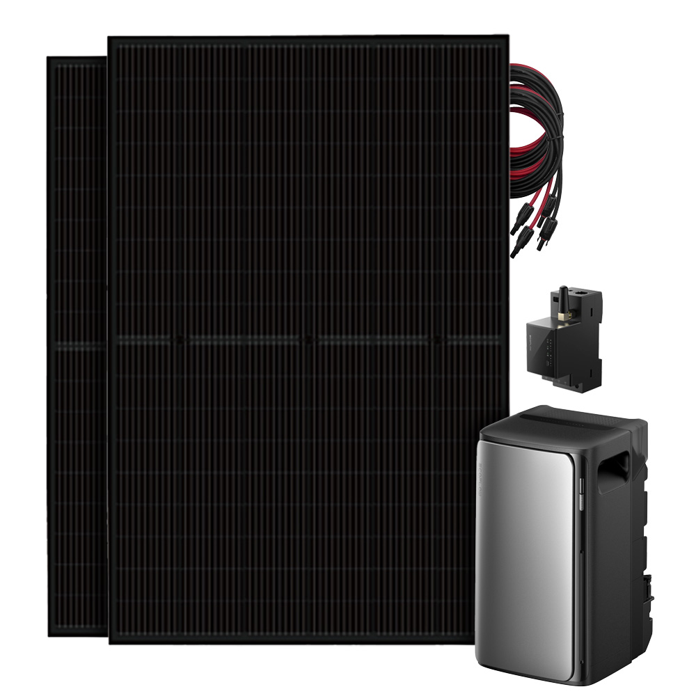 Setansicht: 2 Full-Black Solarmodule mit EcoFlow Stream Pro All-in-One Speichersystem, Smart Meter und 2 MC4-Kabeln