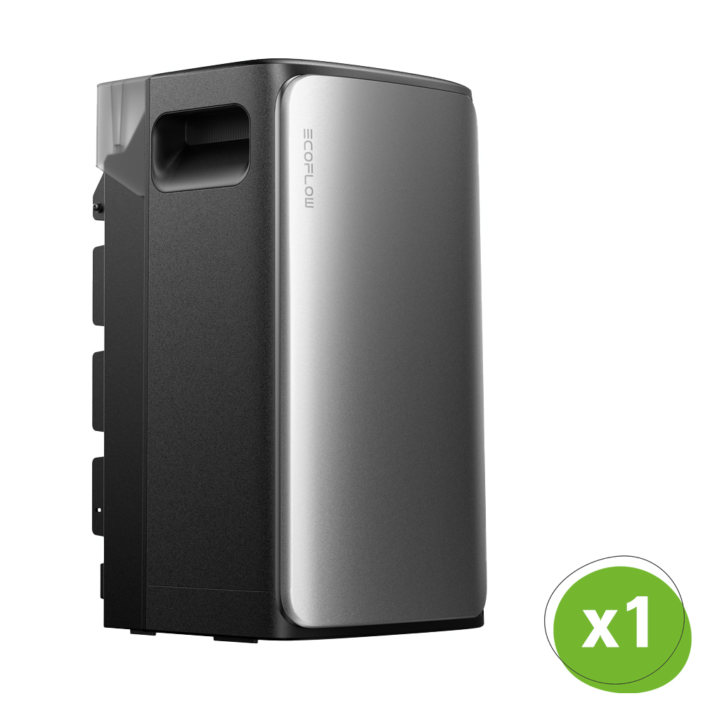 Schrägansicht: EcoFlow Stream AC-Pro Speicher, silber-grau, unten rechts ist ein grüner Kreis mit x1