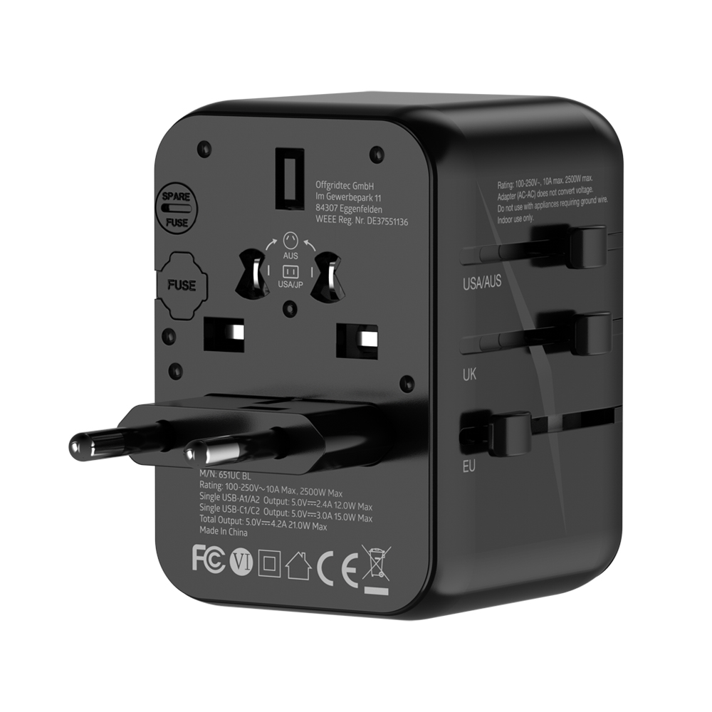 Offgridtec Travel Adapter Universal Worldwide Schuko 2x usb-a and 2x usb-c Black