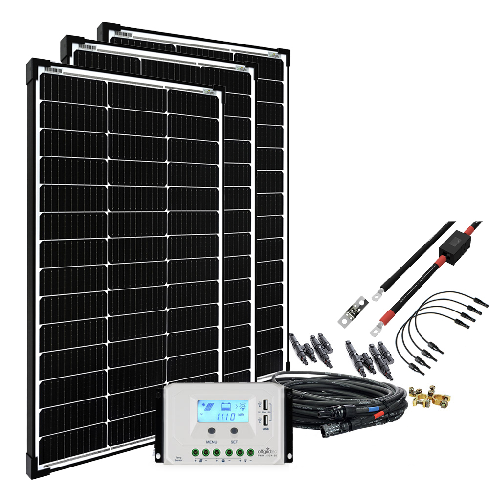 Solaranlage mit allen Komponenten, Solarmodul, Solarladeregler und Verkabelung