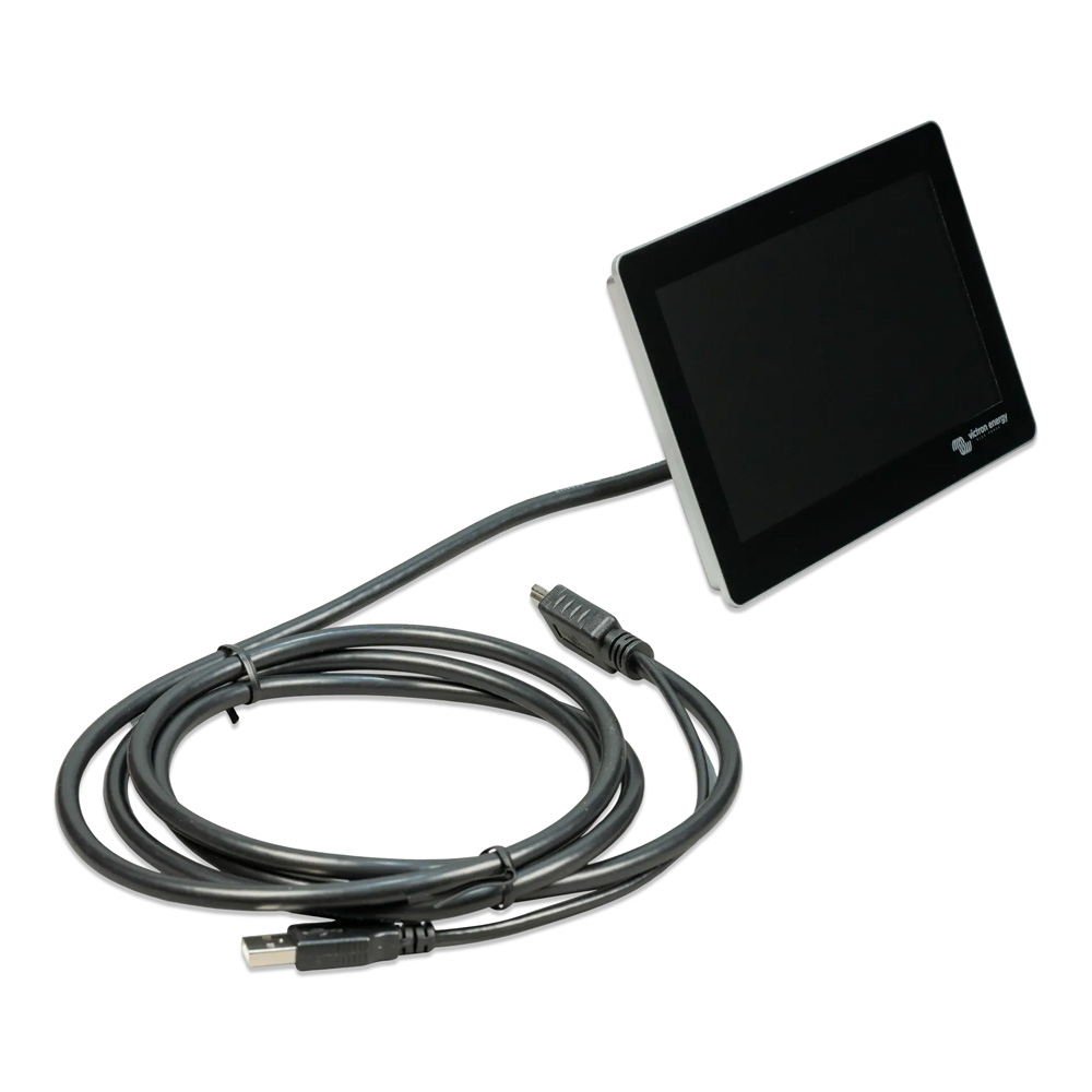 Schrägansicht: inaktives GX Touch 70 Flush Display mit aktivem Bildschirm und angestecktem Kombikabel mit HDMI und USB-Stecker