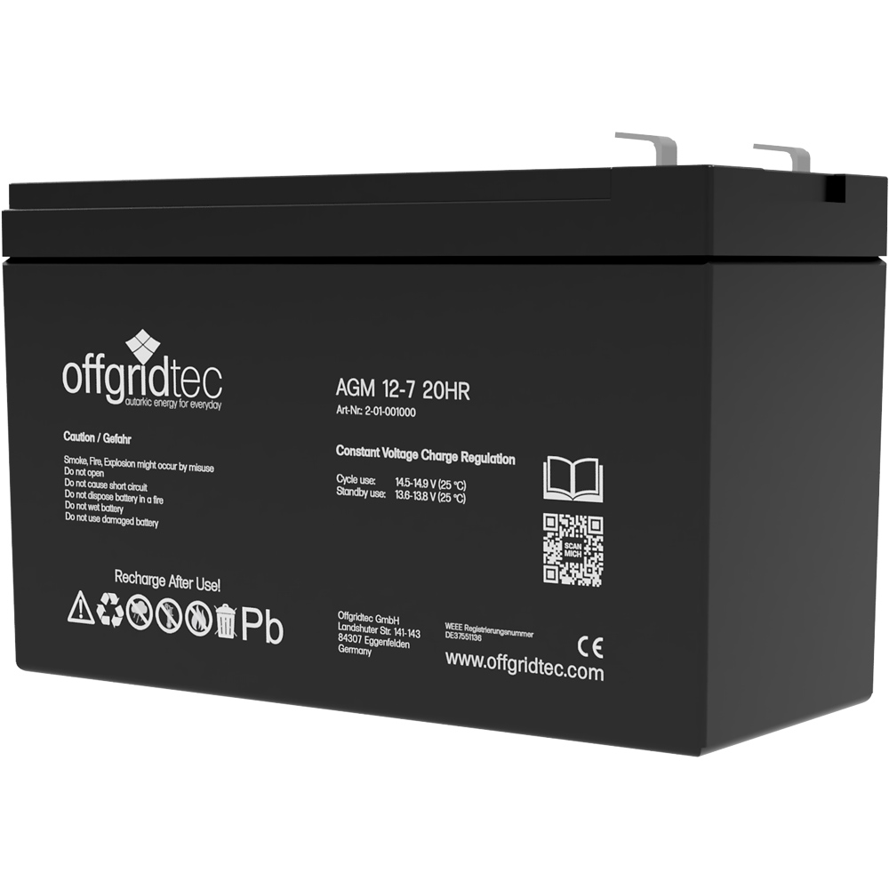 Batterie in schwarz, Ansicht schräg, sichtbare Aufschrift und Ansteckpole