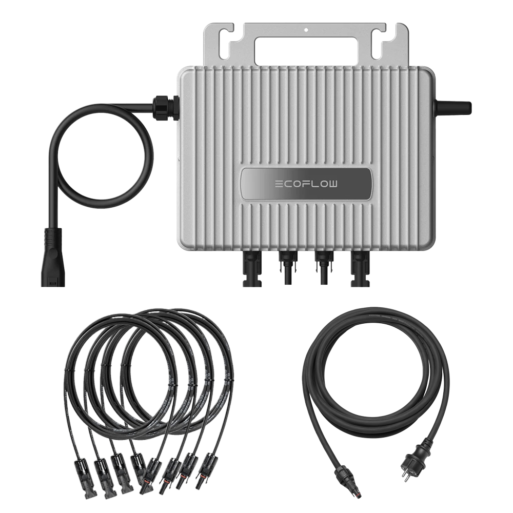 Setansicht: EcoFlow Stream Mikrowechselrichter mit Montagelöchern und integriertem Kabel; darunter 4 PV-Kabel und 1 AC-Kabel