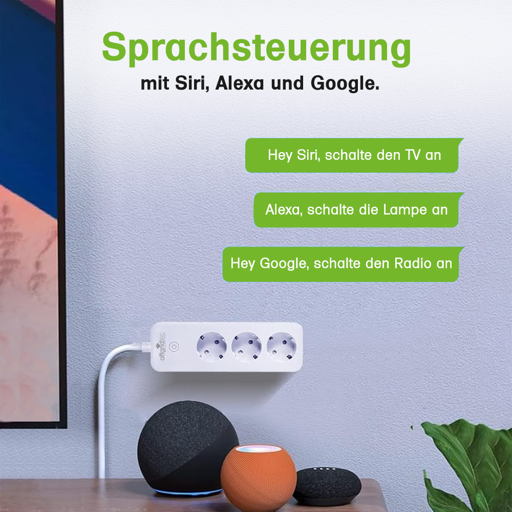 Infografik: Offgritec 3-fach Steckdose: Sprachsteuerung mit Siri, Alexa und Google