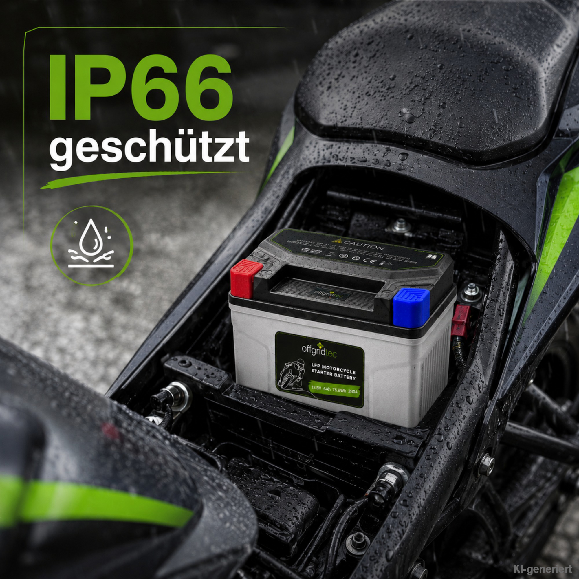 graue Motorradbatterie in Motorrad mit Spritzwasser