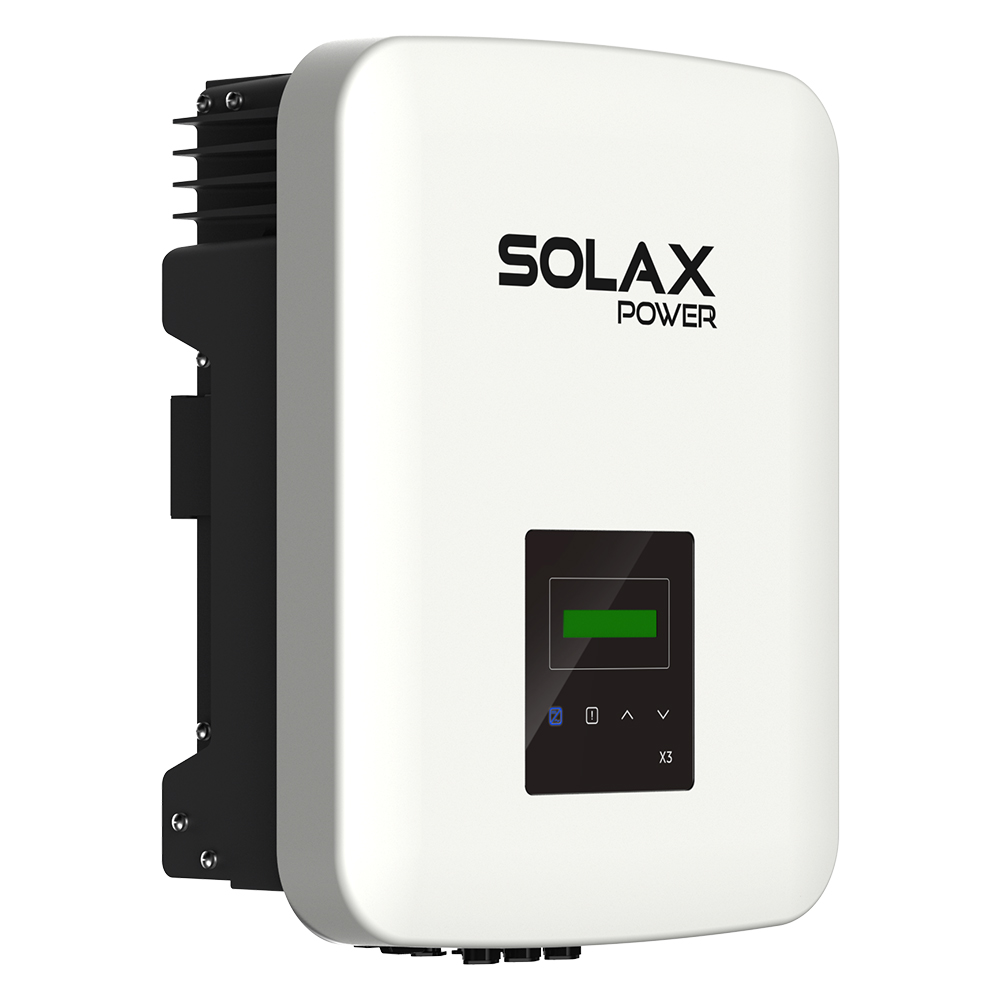 Schrägansicht von links: Solax X3-MIC-6.0K-G2 Inverter, weiß-schwarz mit Logo, Bedienfeld, Display und Anschlüssen