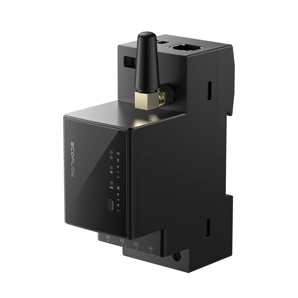 Schrägansicht: Schwarzer, dreiphasiger EcoFlow Stromzähler mit Antenne, Anschlüssen und LEDs