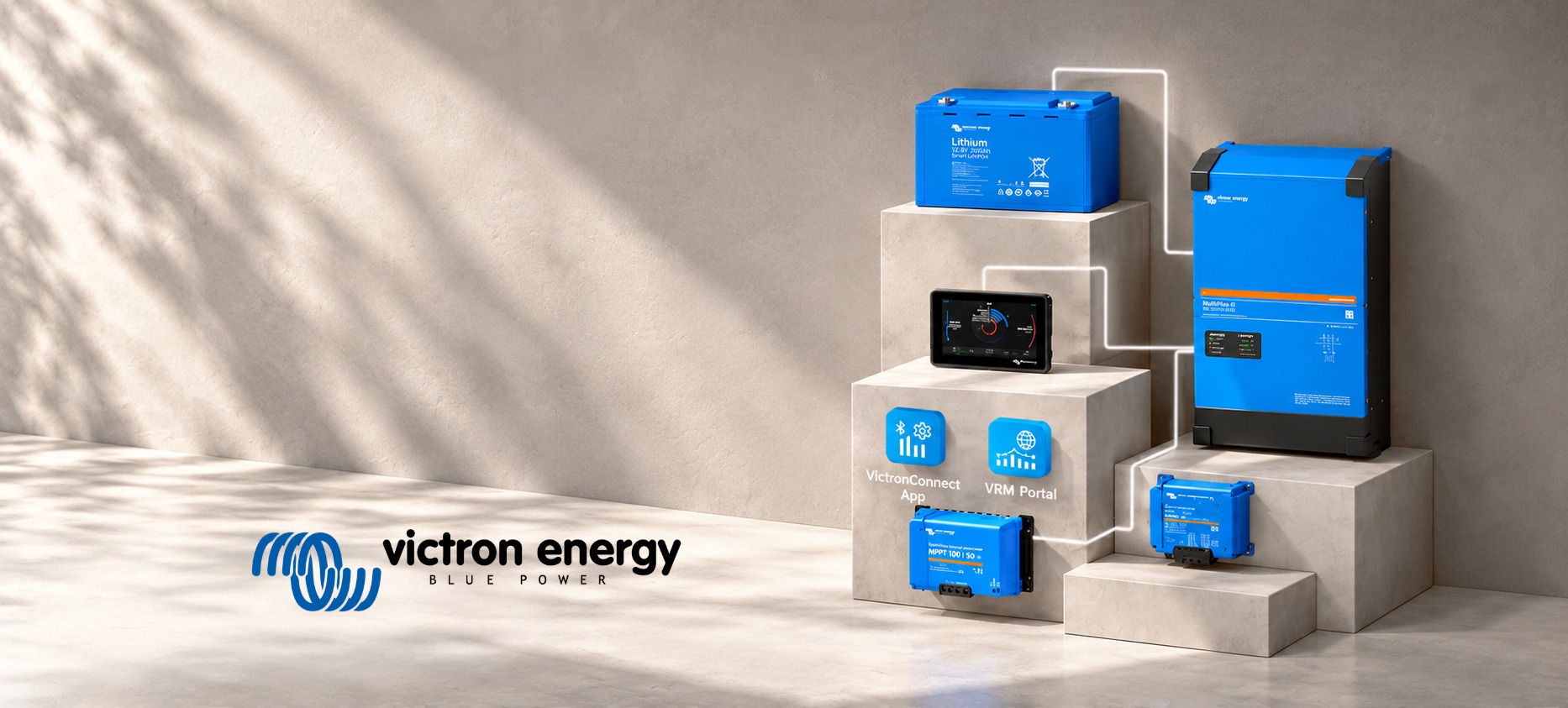 Victron Energy Systemlösung mit Quattro-II Wechselrichter-Ladegerät, Lithium-Batterie, SmartSolar MPPT-Laderegler und GX-Touch-Display, vernetzt über VictronConnect-App und VRM-Portal