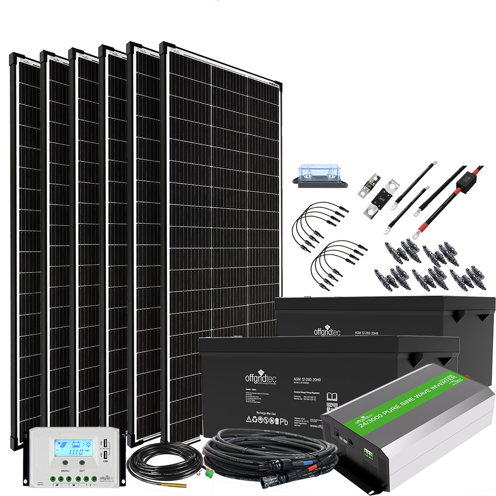Solaranlage mit allen Komponenten, Solarmodule, Batterie, Spannungswandler, Solarladeregler und Verkabelung