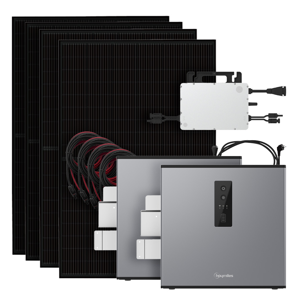 Solar-Komplettset mit 4 Full-Black Modulen, Hoymiles Wechselrichter, 2  Speichermodulen, Halterungen & Kabel