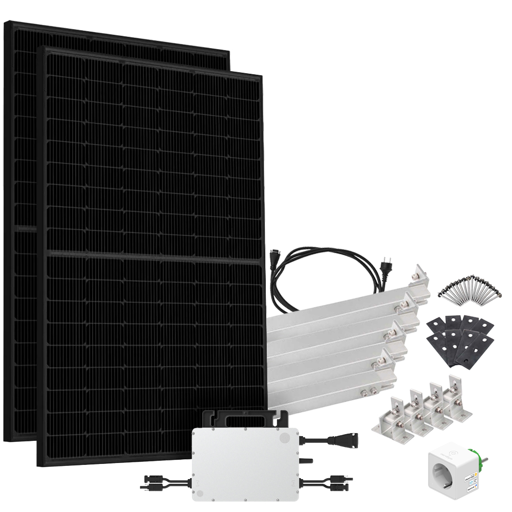 Offgridtec® Solar-Direct 860W HMS-800W-2T Balkonkraftwerk Bifazial Full Black Schukosteckdose - 5m - Montageset für Flachdach