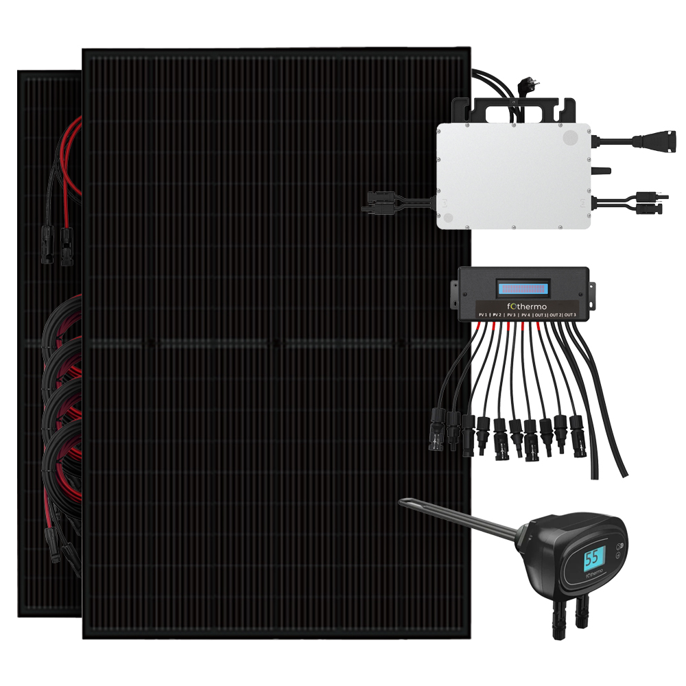 Setansicht: 2 Solarmodule, Hoymiles Mikrowechselrichter, Fothermo Umschaltgerät und Heizstab und passende Kabeln fürs System