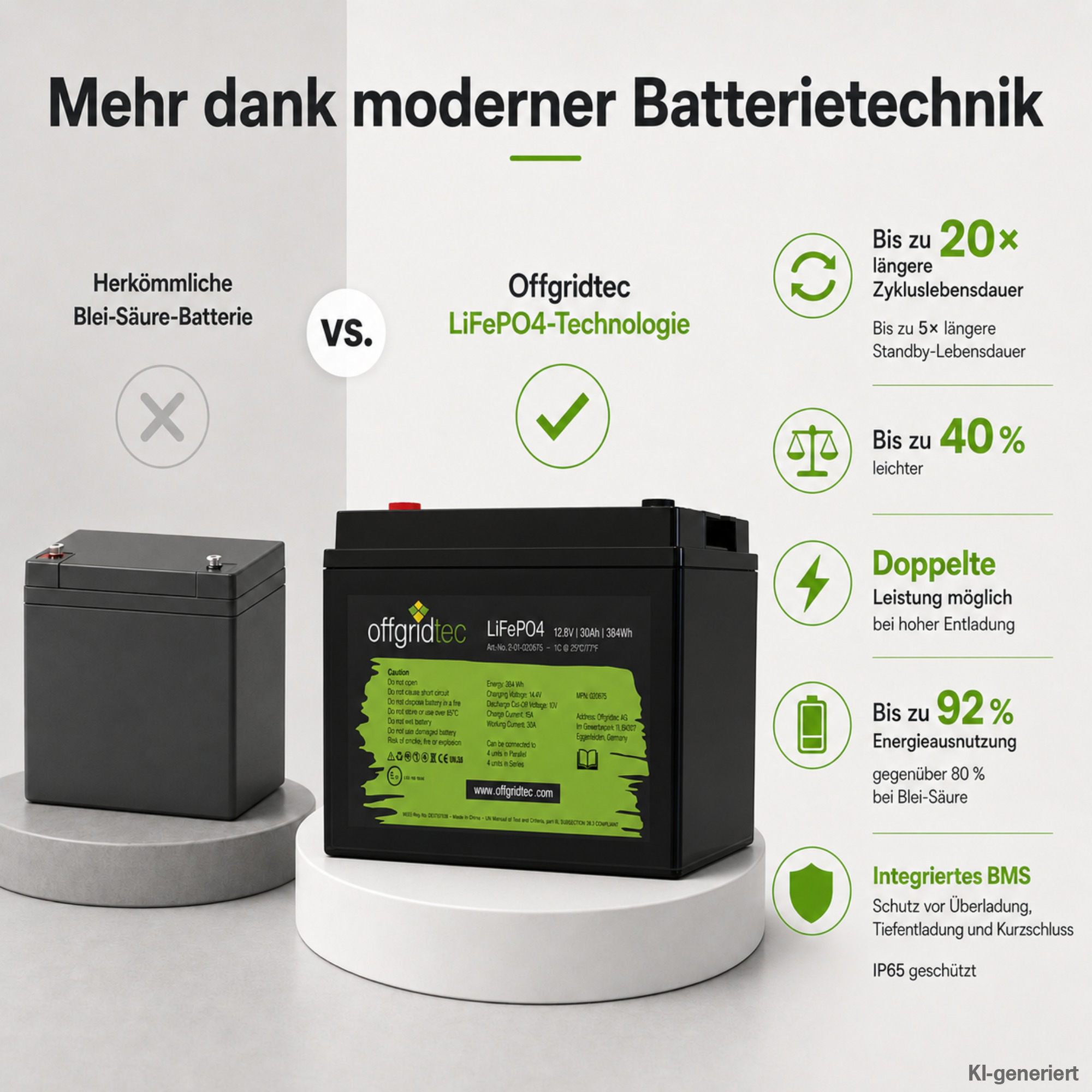 schwarze Offgridtec LiFePO4 Batterie 12V 30Ah Vergleich mit Blei-Säure-Akkus