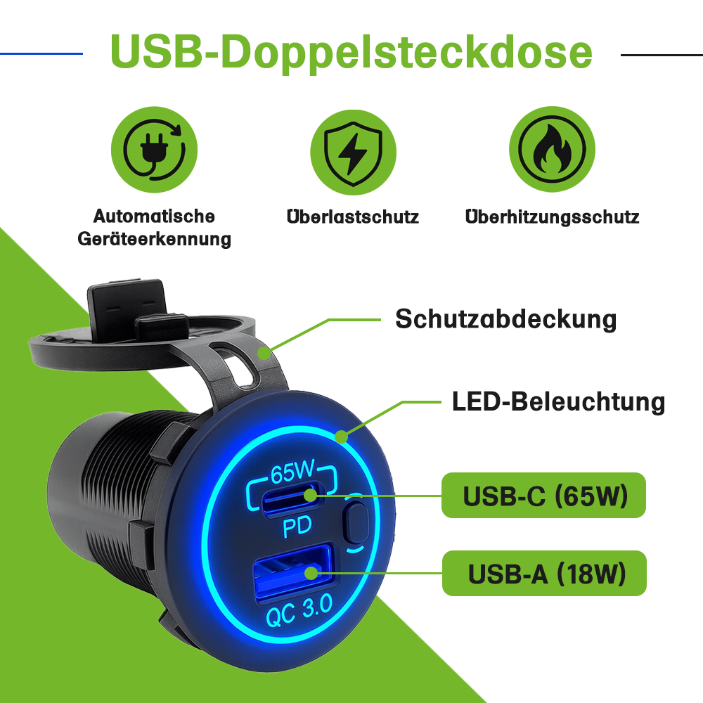 Grafik zur USB-Doppelsteckdose: Schutzabdeckung, Geräteerkennung, Überlast- und Überhitzungsschutz