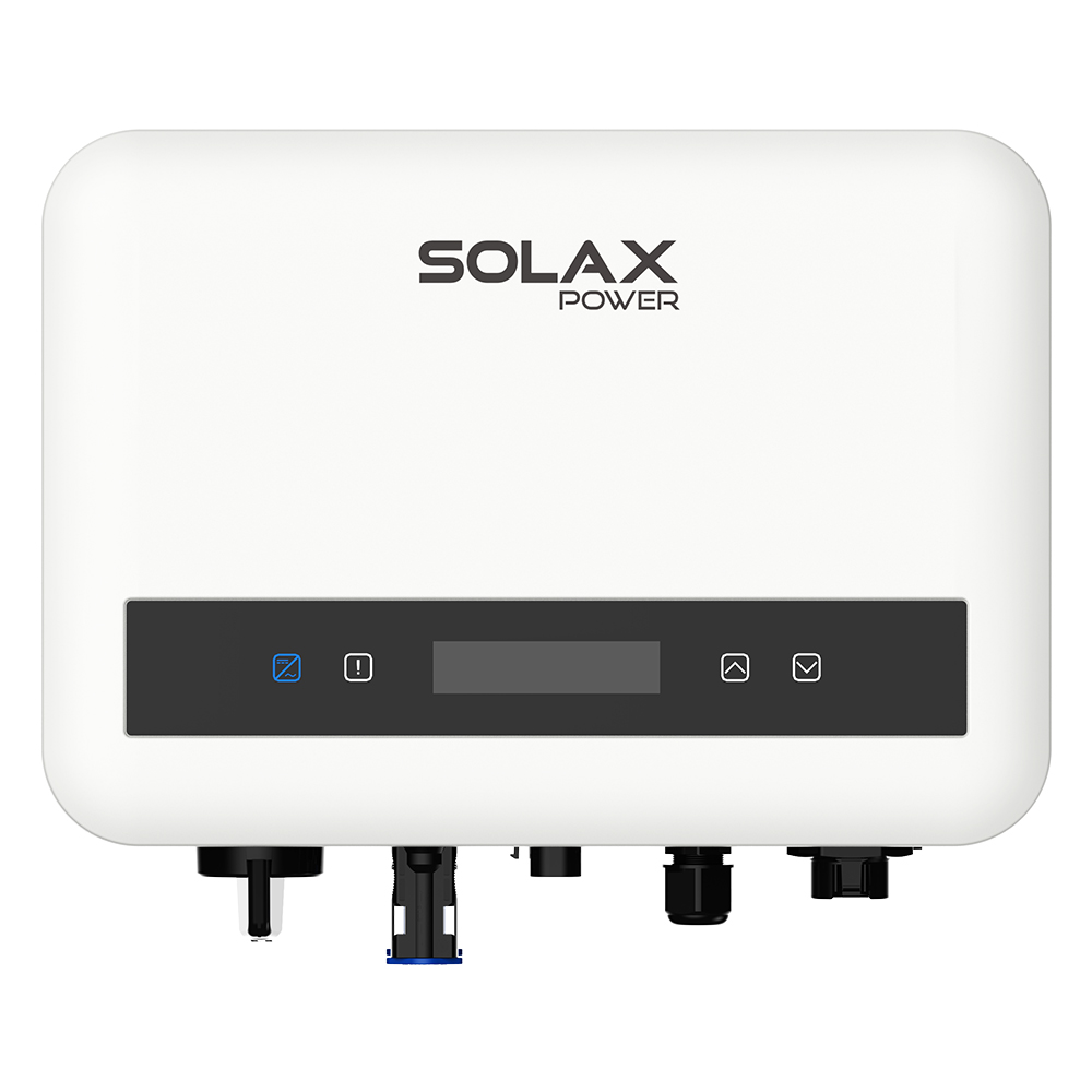 Frontansicht: weiß/schwarzer Solax X1-MINI-3.3K-G4 PV-Wechselrichter mit Display