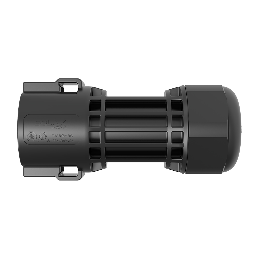 Seitenansicht: schwarzer Solax AC Connector Female Steckverbinder mit geripptem Mittelteil