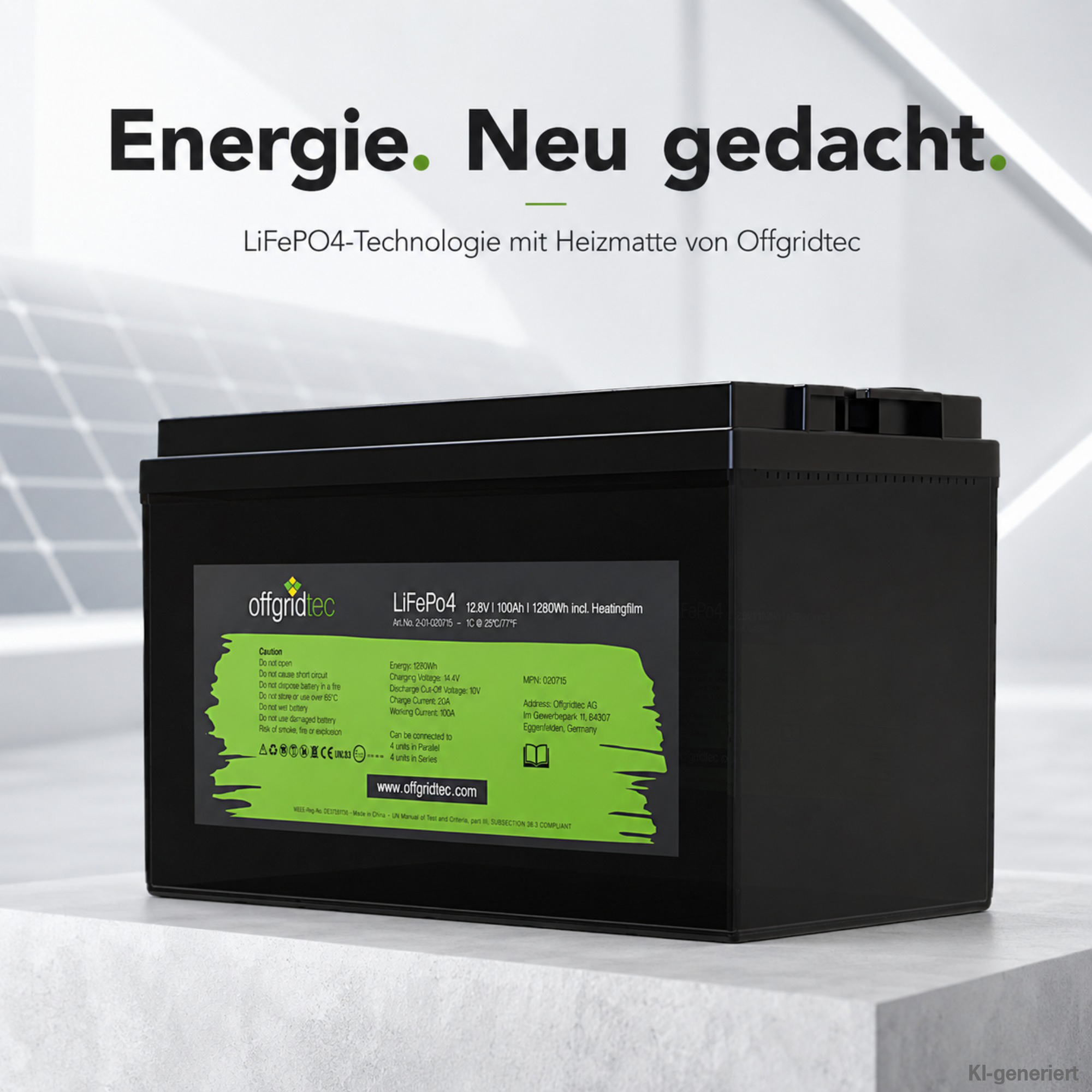 schwarze Offgridtec LiFePO4 Batterie 12V 100Ah mit Heizmatte auf grauem Untergrund