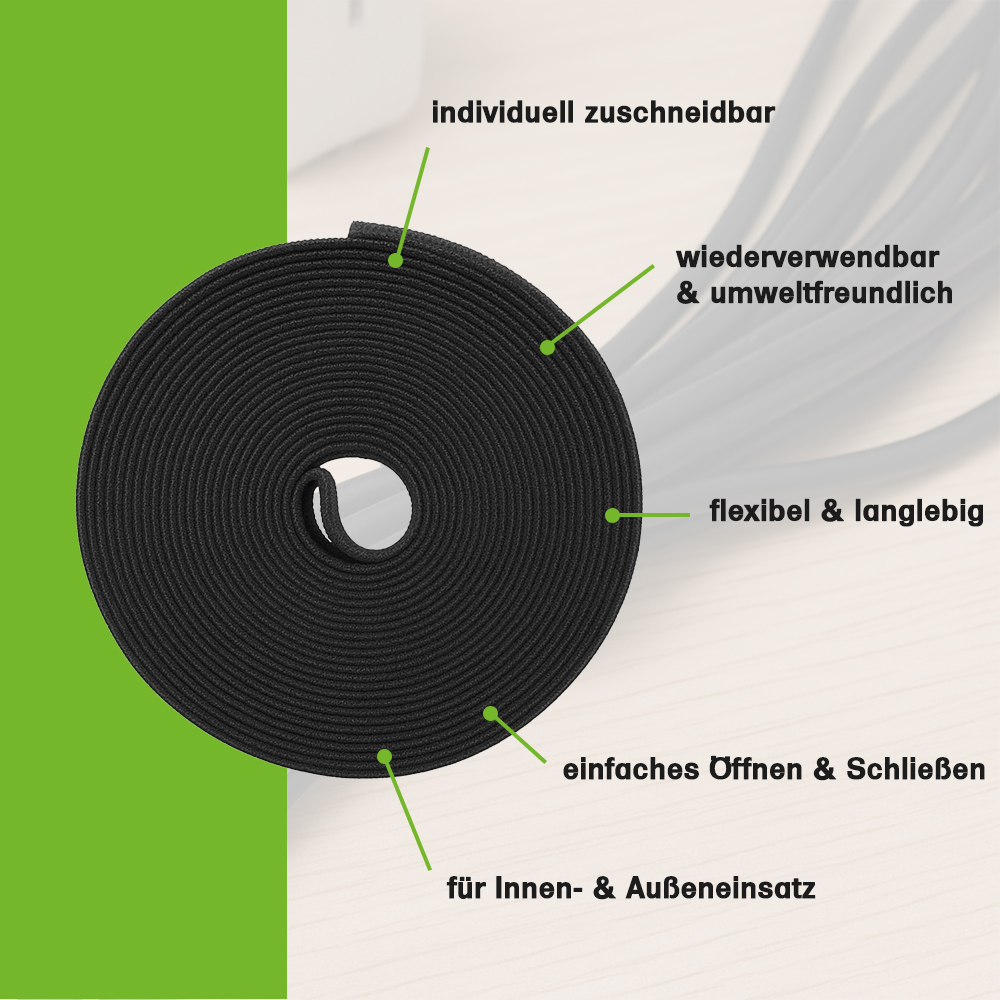 Klett-Kabelbinder 2m x 10mm Schwarz zuschneidbar für Kabelmanagement