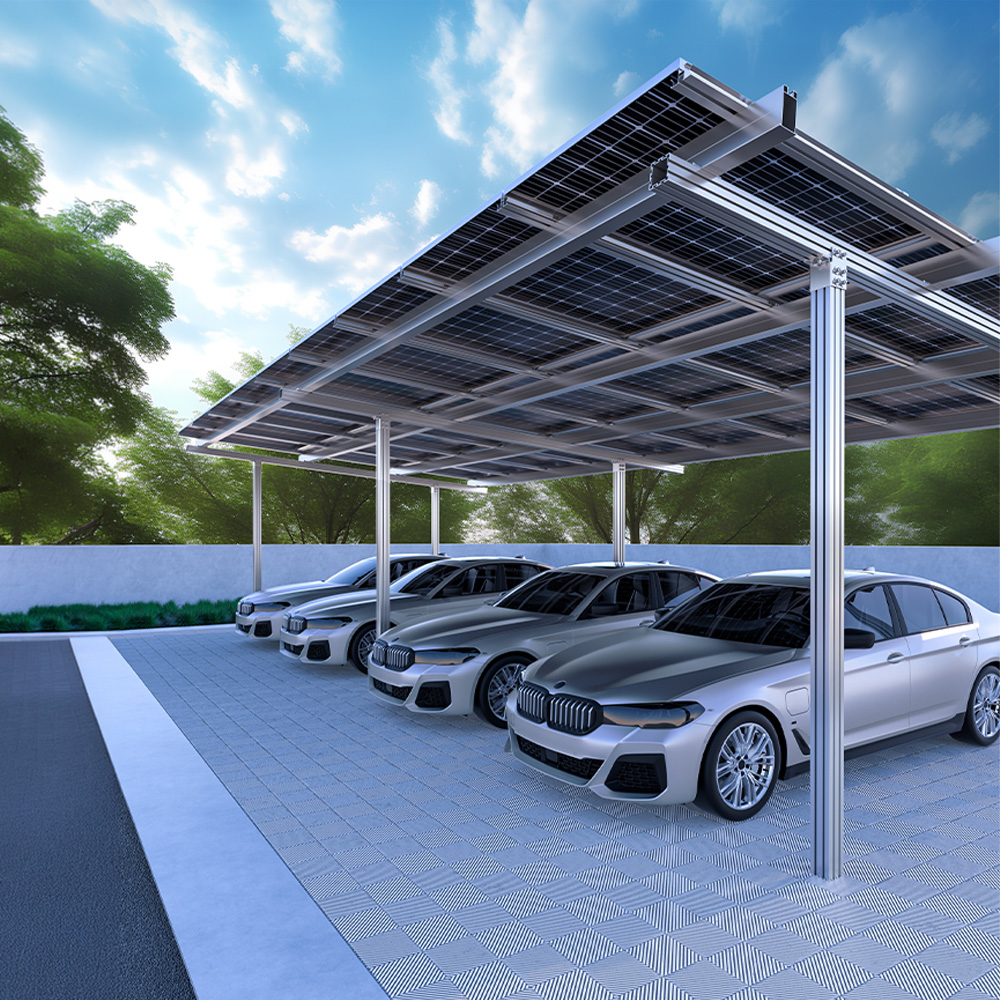4er Carport aufgebaut auf Parkplatz mit Autos darunter