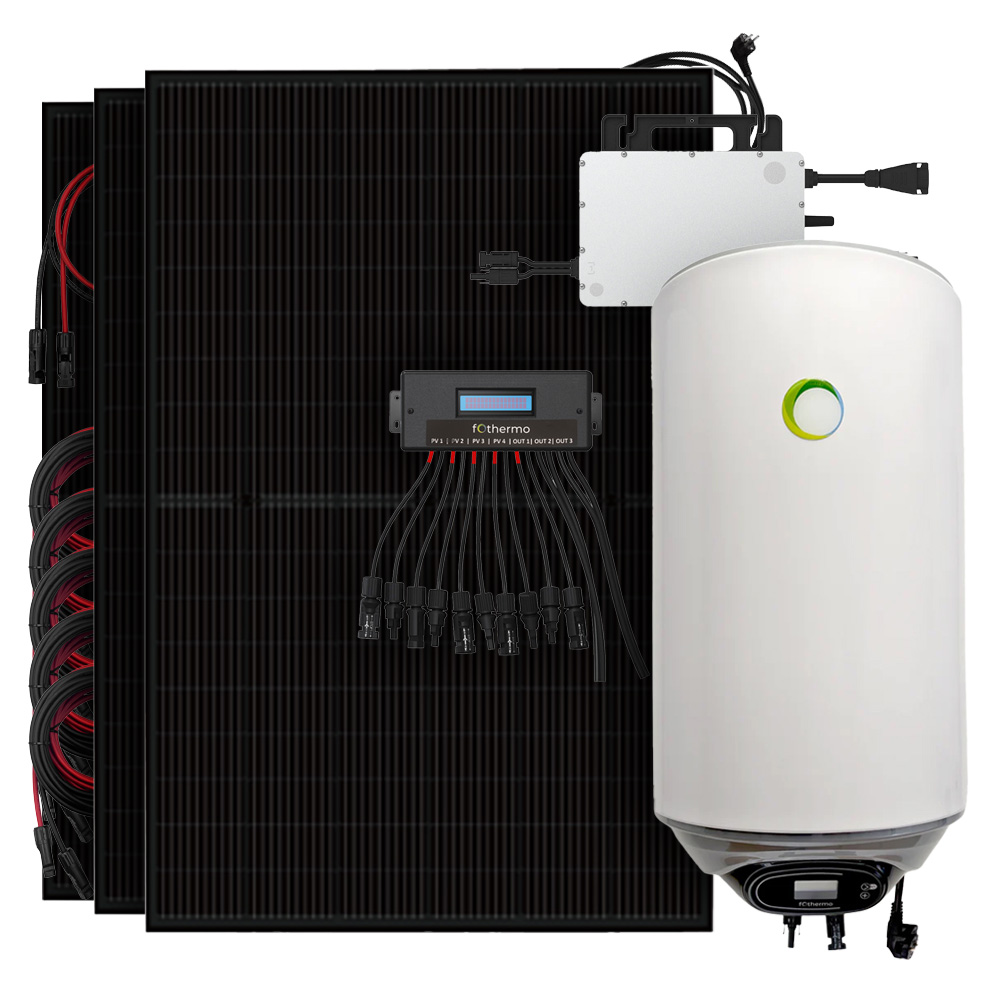 Setansicht: 3 Solarmodule, Hoymiles Mikrowechselrichter, Fothermo Umschaltgerät und 80 Liter Boiler und passende Kabel