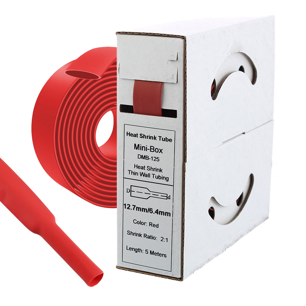 Schrumpfschlauch in rot dargestellt als Rolle mit der Verpackung und dem möglichen Schrumpfvolumen