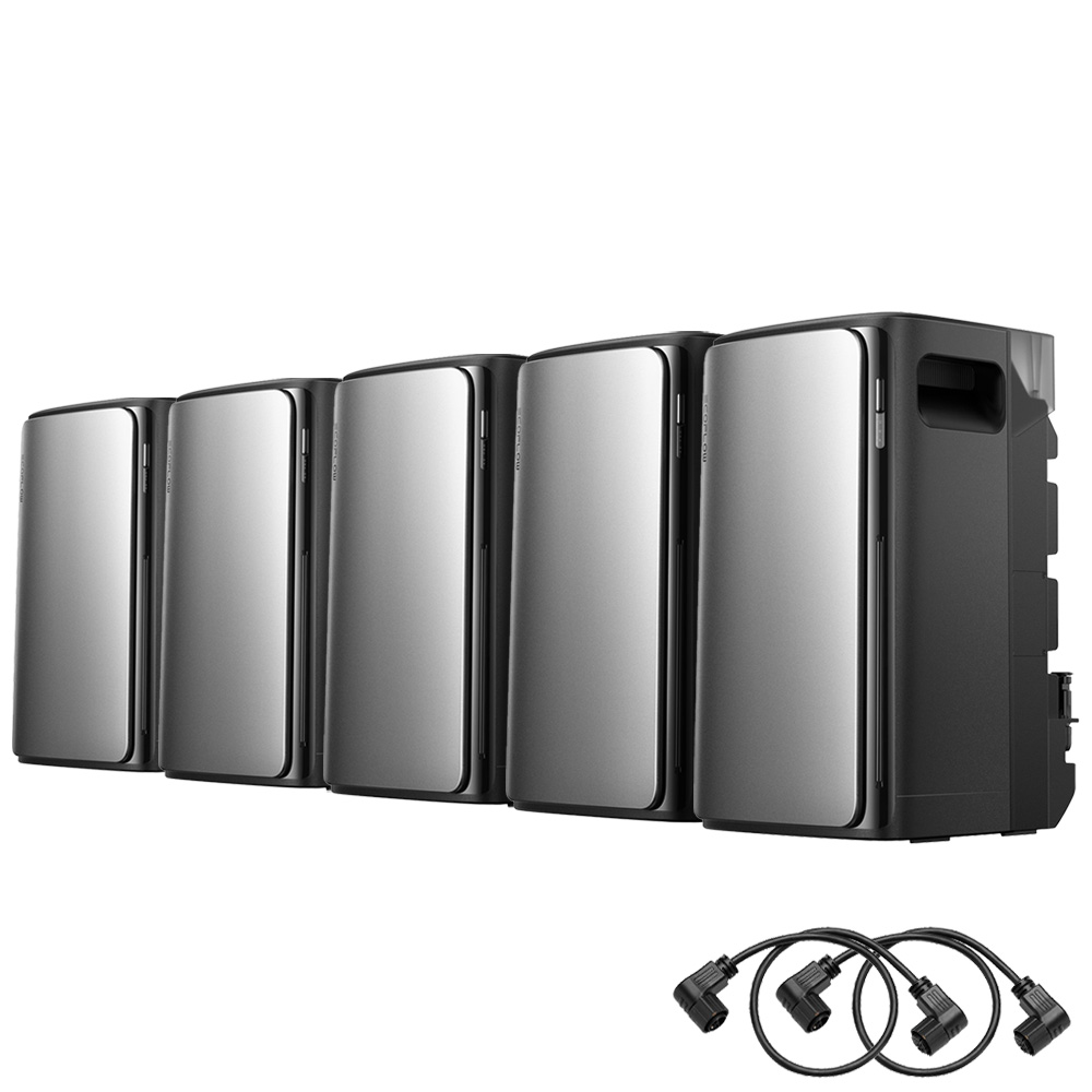 Setansicht: 1x EcoFlow Stream Pro Speicher-System, 4x Stream AC Pro Speicher, 2x Parallelschaltungskabel