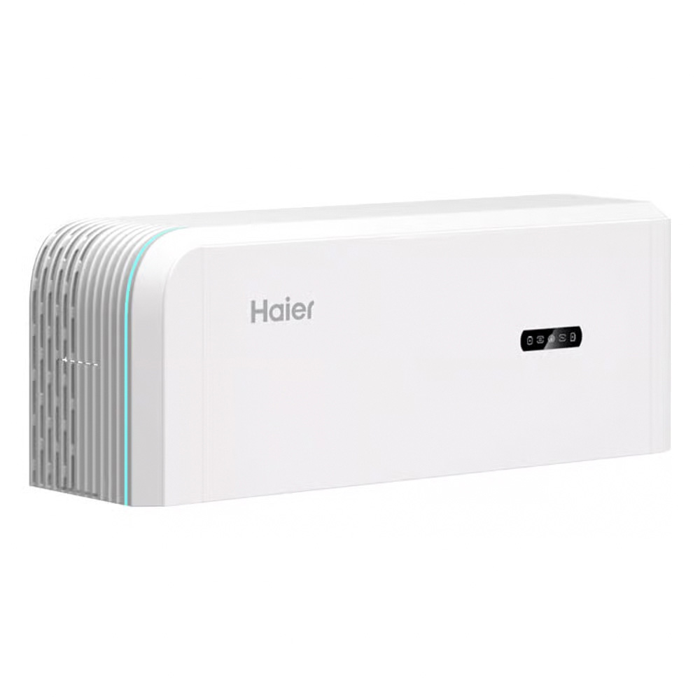 Schrägansicht des weißen, rechteckigen Haier Smart Cube Wechselrichters  Schrägansicht des weißen, rechteckigen Haier Smart Cube Wechselrichters