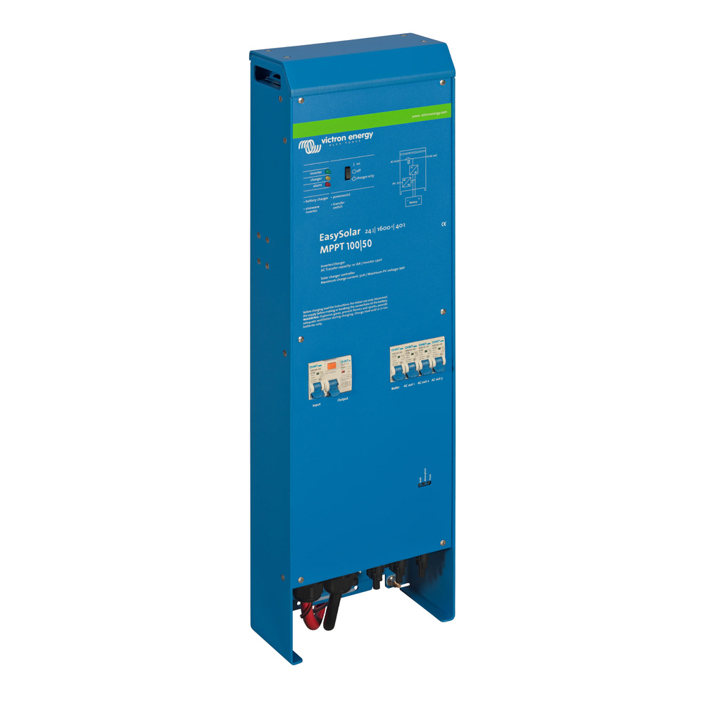 Schrägansicht von links: blaues, rechteckiges Victron EasySolar 24/1600/40-16 24V 230V MPPT