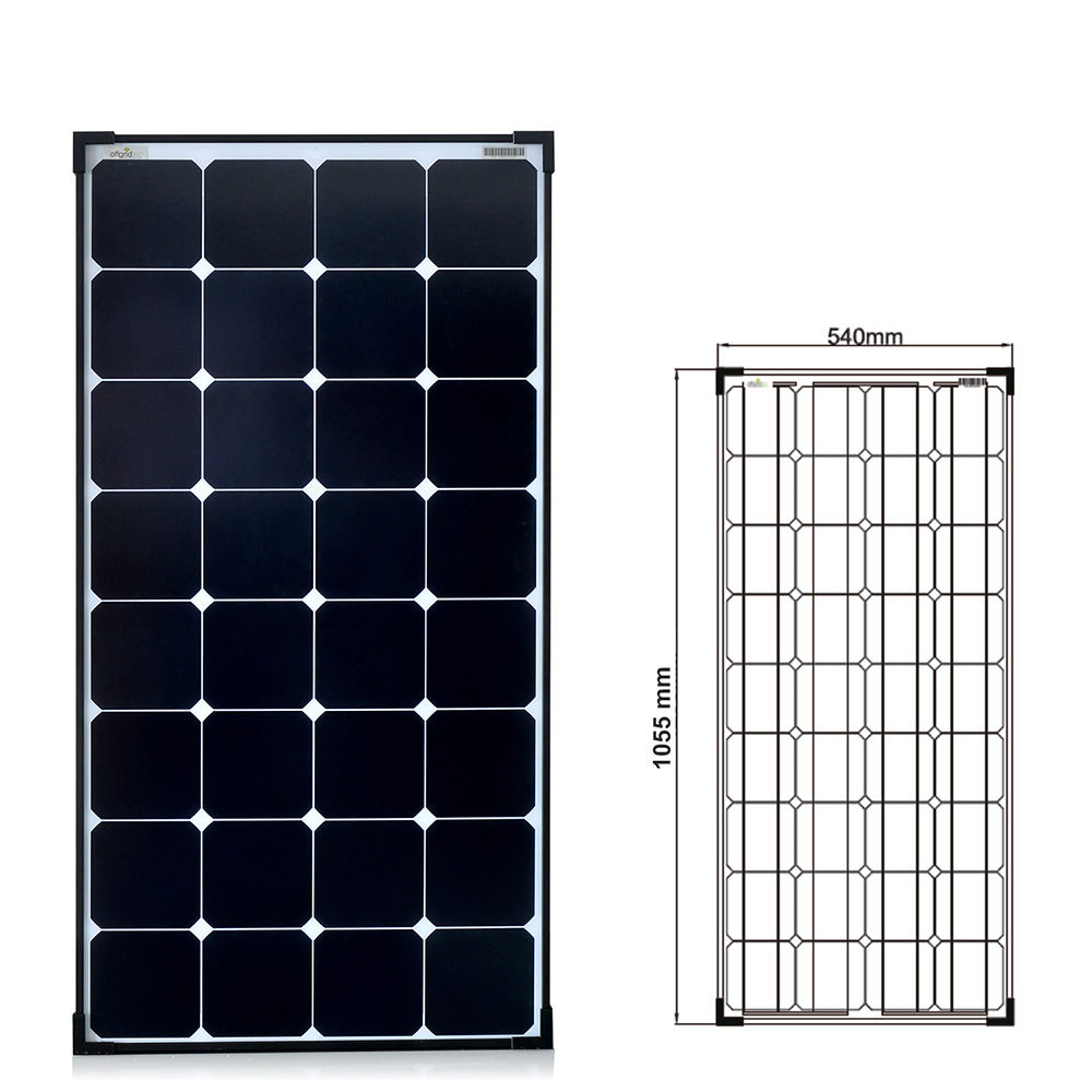 Solarmodul mit schwarzen Zellen und schwarzen Rahmen und Zeichnung mit Abmessungen